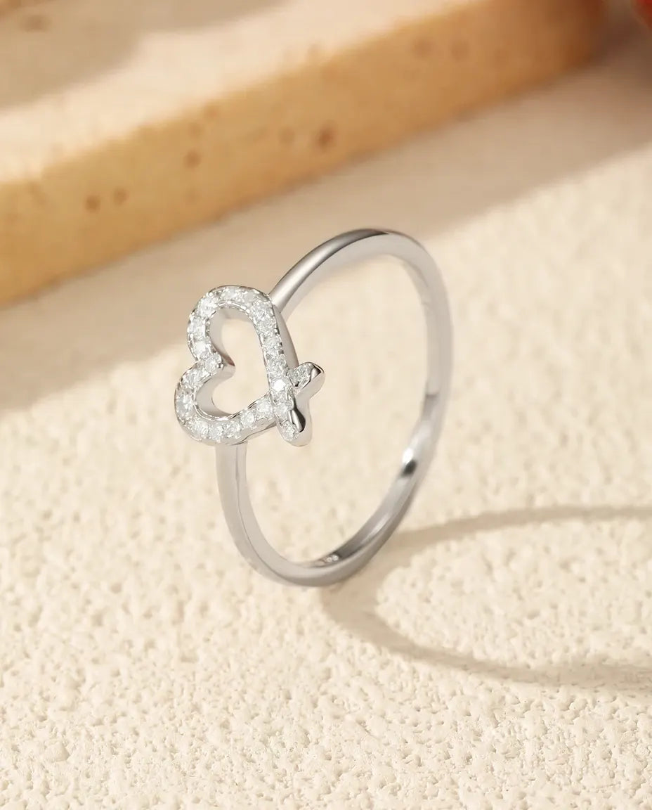 Bague Moissanite – Cœur ajouré pavé de pierres couleur D créées en laboratoire, argent 925, bague de promesse pour femme