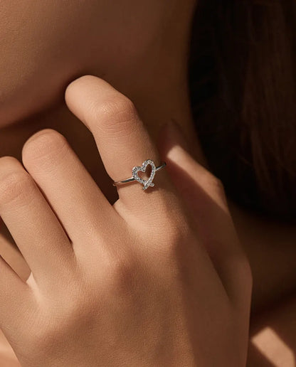 Bague Moissanite – Cœur ajouré pavé de pierres couleur D créées en laboratoire, argent 925, bague de promesse pour femme