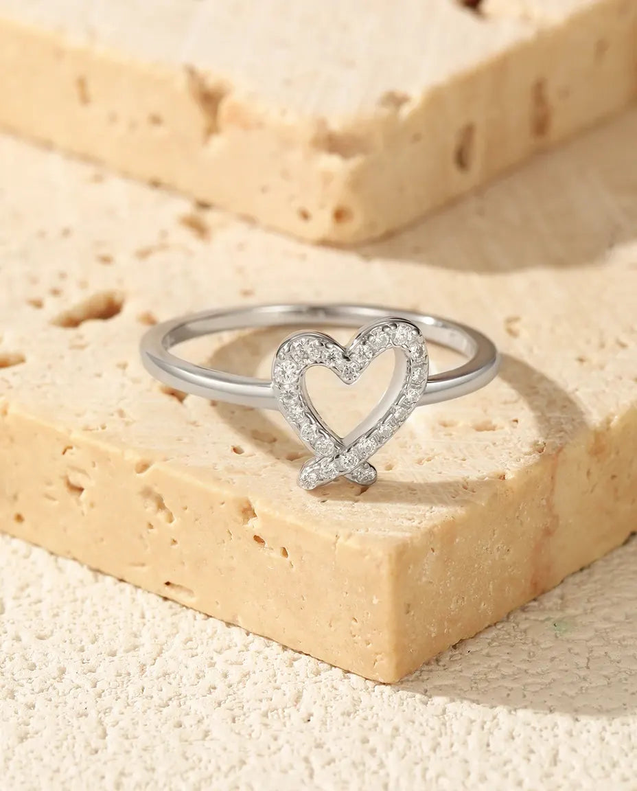 Bague Moissanite – Cœur ajouré pavé de pierres couleur D créées en laboratoire, argent 925, bague de promesse pour femme