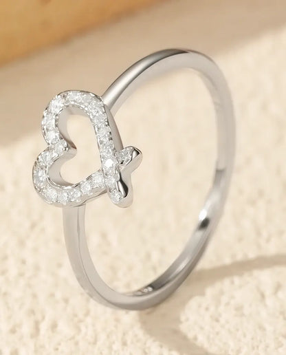 Bague Moissanite – Cœur ajouré pavé de pierres couleur D créées en laboratoire, argent 925, bague de promesse pour femme