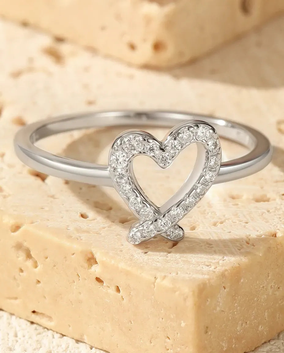 Bague Moissanite – Cœur ajouré pavé de pierres couleur D créées en laboratoire, argent 925, bague de promesse pour femme