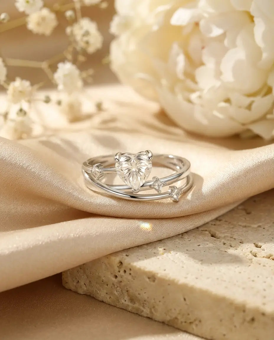 Bague Moissanite – Cœur 0,8 ct en Argent 925, Anneau Croisé Multi-Rangs, Cadeau Romantique pour Elle