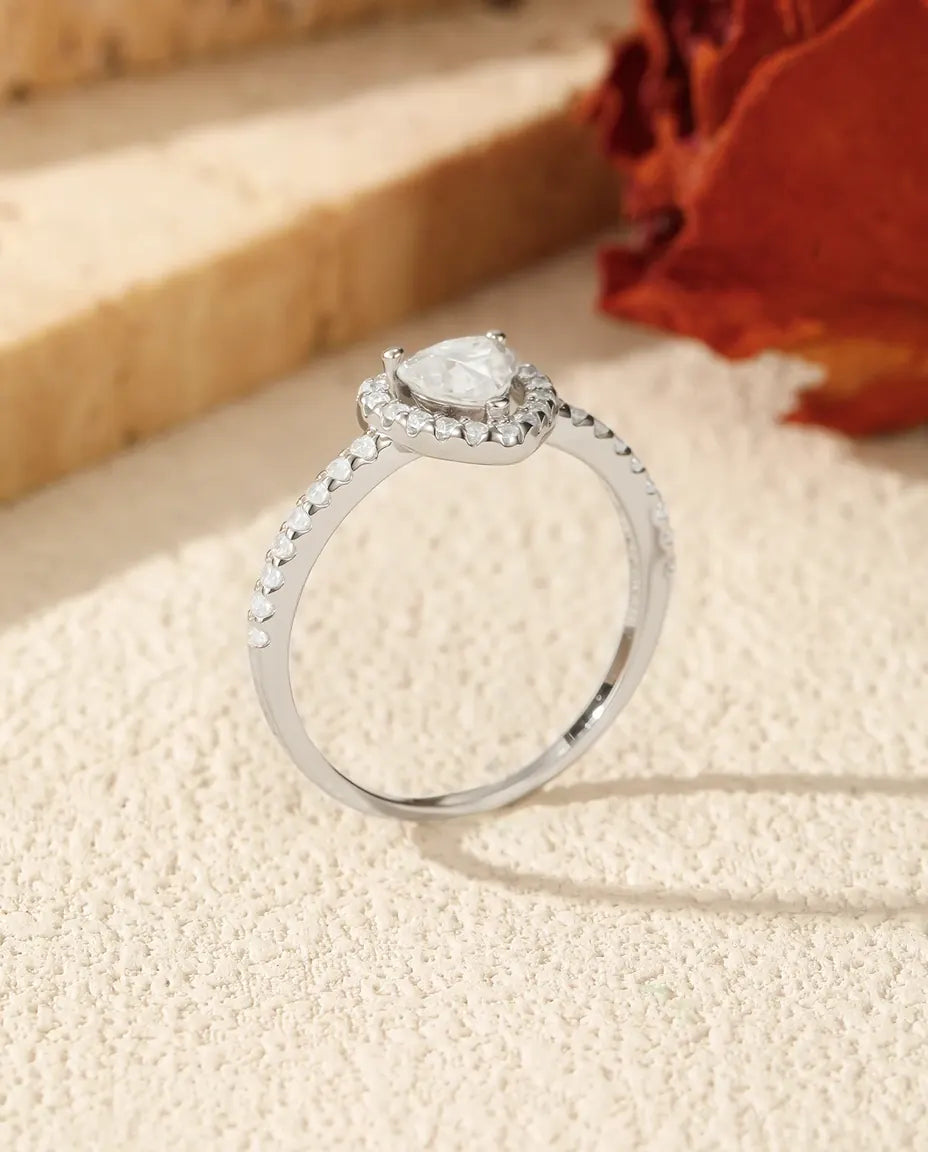 Bague Moissanite – Cœur Halo 0,5 Ct Couleur D, Argent Sterling 925, Bague de Promesse Romantique, Cadeau pour Elle