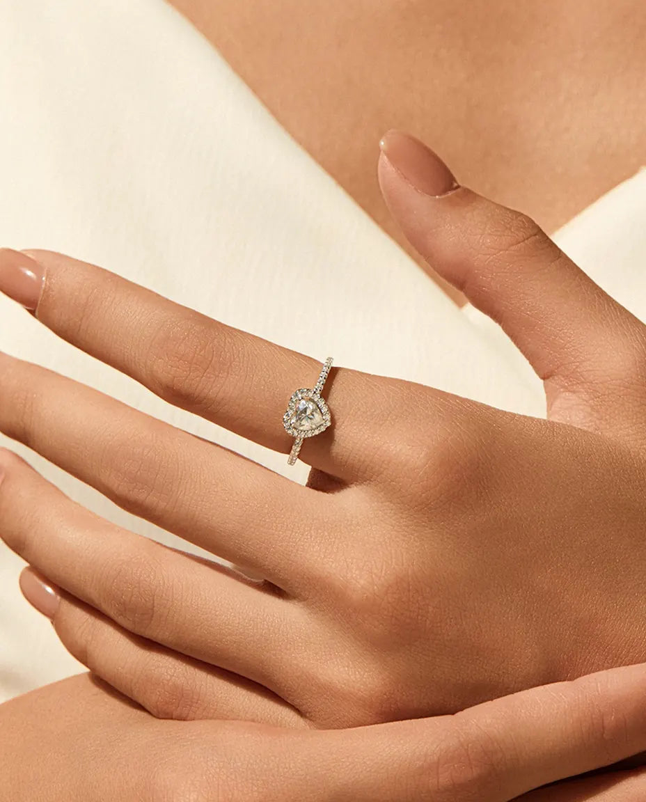 Bague Moissanite – Cœur Halo 0,5 Ct Couleur D, Argent Sterling 925, Bague de Promesse Romantique, Cadeau pour Elle