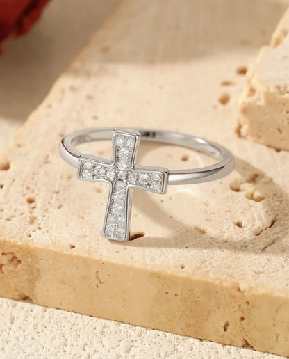 Bague Moissanite – Croix Horizontale Pavée de 20 Pierres Couleur D Créées en Laboratoire, Argent 925, Bague Fine pour Femme