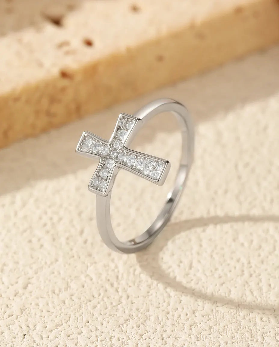 Bague Moissanite – Croix Horizontale Pavée de 20 Pierres Couleur D Créées en Laboratoire, Argent 925, Bague Fine pour Femme