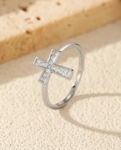 Bague Moissanite – Croix Horizontale Pavée de 20 Pierres Couleur D Créées en Laboratoire, Argent 925, Bague Fine pour Femme