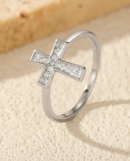 Bague Moissanite – Croix Horizontale Pavée de 20 Pierres Couleur D Créées en Laboratoire, Argent 925, Bague Fine pour Femme