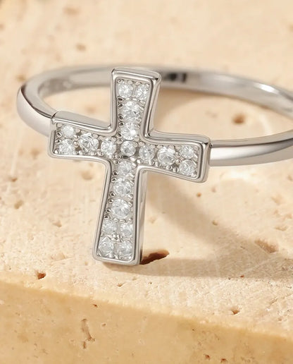Bague Moissanite – Croix Horizontale Pavée de 20 Pierres Couleur D Créées en Laboratoire, Argent 925, Bague Fine pour Femme