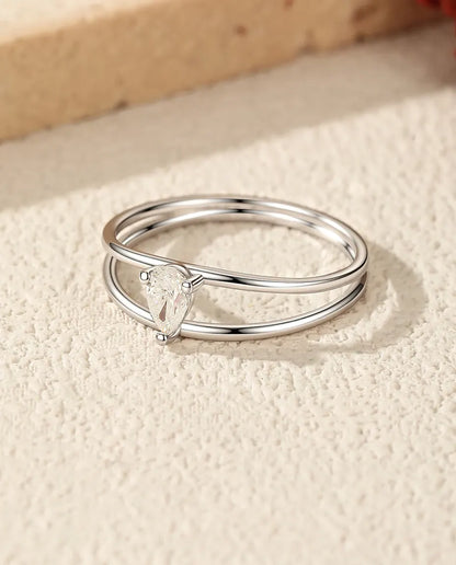 Bague Moissanite – Double anneau minimaliste, moissanite poire 0,3 carat couleur D créée en laboratoire, argent 925, pour femme