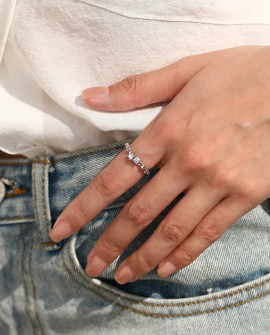 Bague Moissanite ajustable – Duo de pierres rondes couleur D 0,2 ct, anneau de perles facettées en argent 925