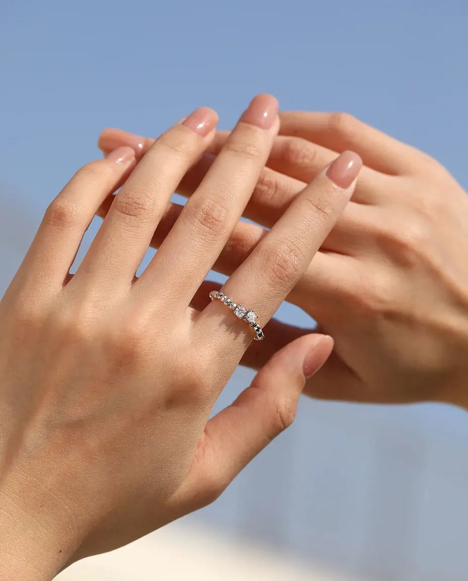 Bague Moissanite ajustable – Duo de pierres rondes couleur D 0,2 ct, anneau de perles facettées en argent 925