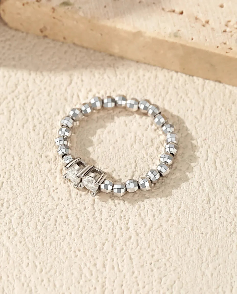 Bague Moissanite ajustable – Duo de pierres rondes couleur D 0,2 ct, anneau de perles facettées en argent 925