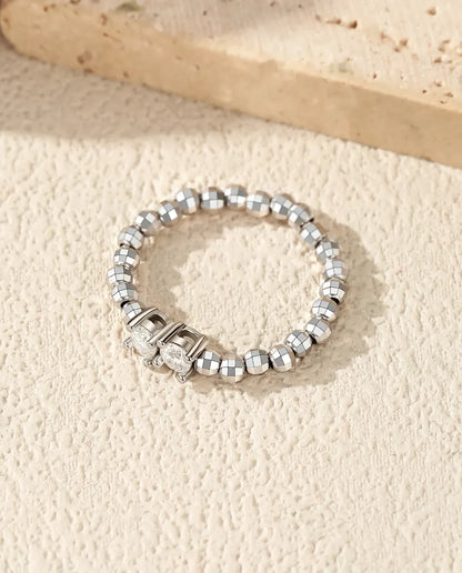Bague Moissanite ajustable – Duo de pierres rondes couleur D 0,2 ct, anneau de perles facettées en argent 925