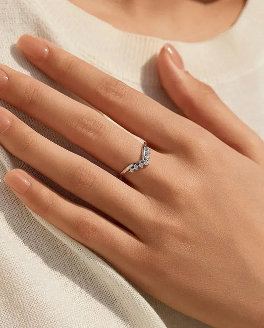 Bague Moissanite – Anneau Empilable Couronne en V, 7 Pierres Couleur D VVS1, Argent 925, Cadeau pour Elle