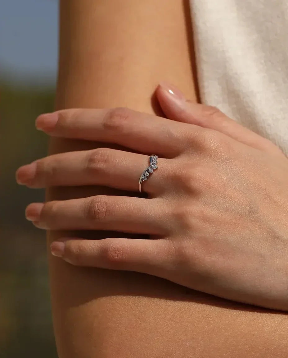 Bague Moissanite – Anneau Empilable Couronne en V, 7 Pierres Couleur D VVS1, Argent 925, Cadeau pour Elle