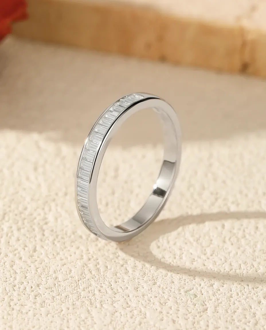 Bague Moissanite – Anneau Éternité Baguette Serti Rail, Pierres Couleur D, Argent 925, Bague Empilable Femme