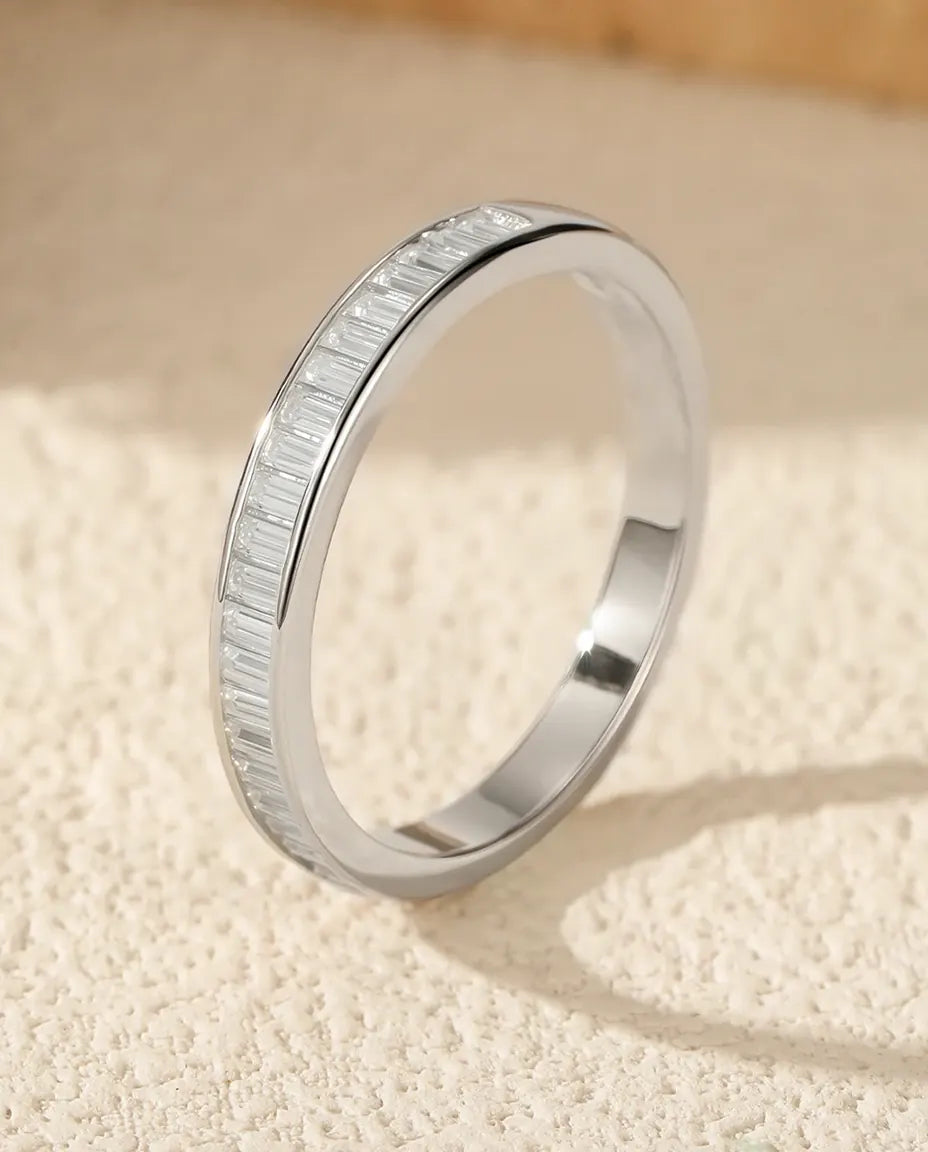 Bague Moissanite – Anneau Éternité Baguette Serti Rail, Pierres Couleur D, Argent 925, Bague Empilable Femme