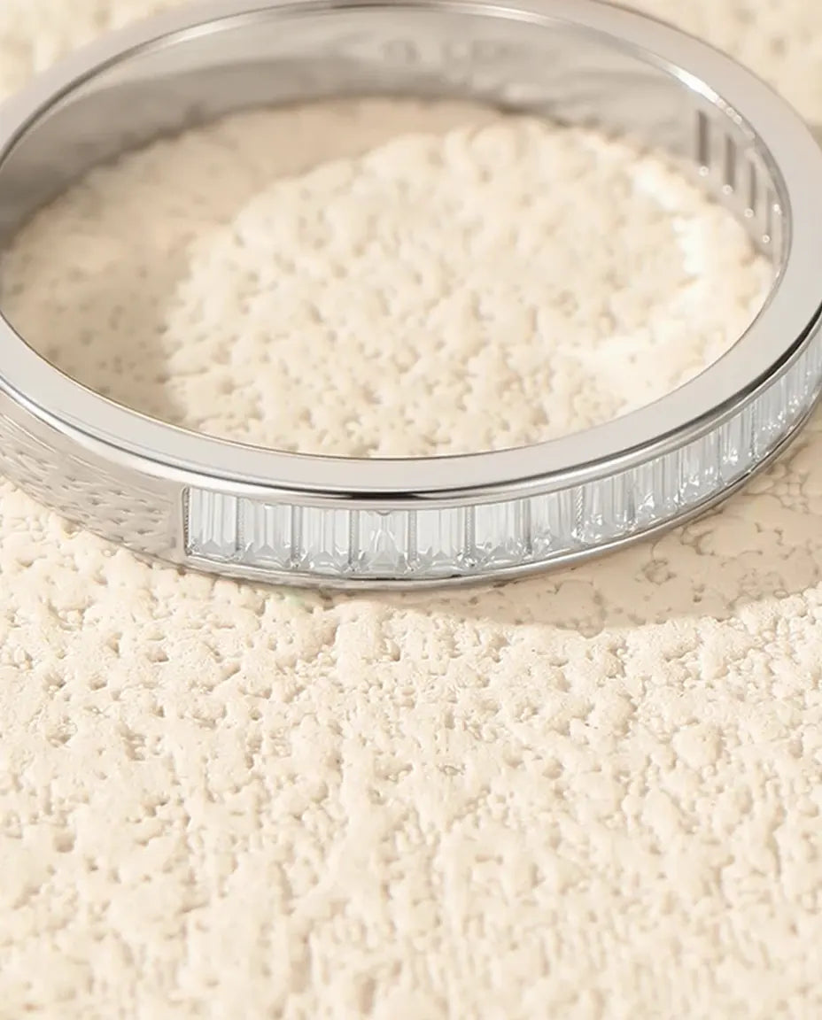 Bague Moissanite – Anneau Éternité Baguette Serti Rail, Pierres Couleur D, Argent 925, Bague Empilable Femme