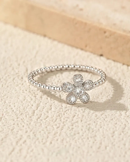 Bague Moissanite – Fleur Pavée 5 Pierres Couleur D VVS, Anneau Perlé en Argent 925, Bague de Promesse pour Elle