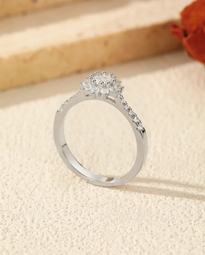 Bague Moissanite – Halo Fleur 0,3 ct Ronde Couleur D en Argent 925, Bague de Fiançailles Soleil, cadeau pour Elle