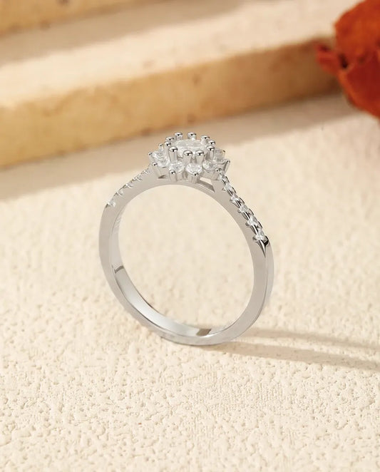 Bague Moissanite – Halo Fleur 0,3 ct Ronde Couleur D en Argent 925, Bague de Fiançailles Soleil, cadeau pour Elle