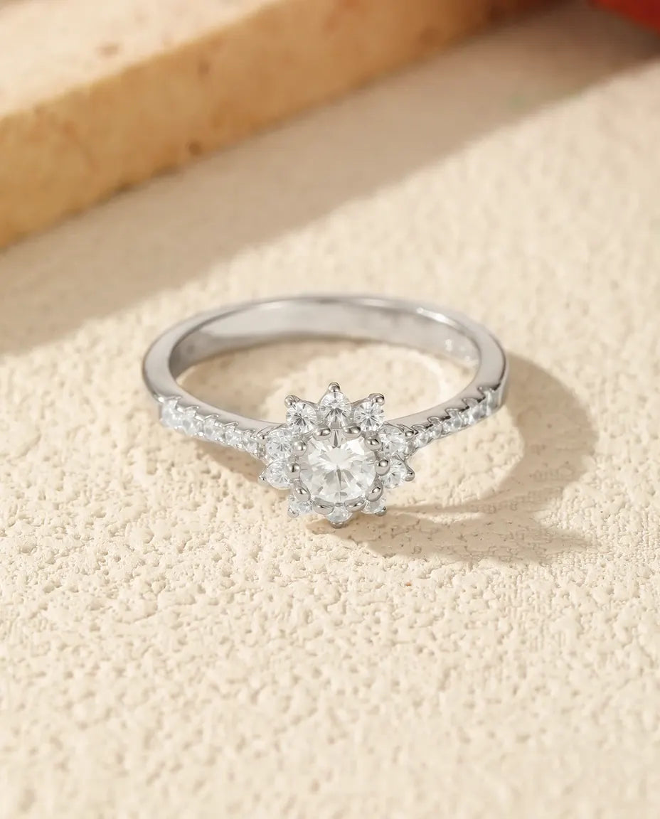 Bague Moissanite – Halo Fleur 0,3 ct Ronde Couleur D en Argent 925, Bague de Fiançailles Soleil, cadeau pour Elle