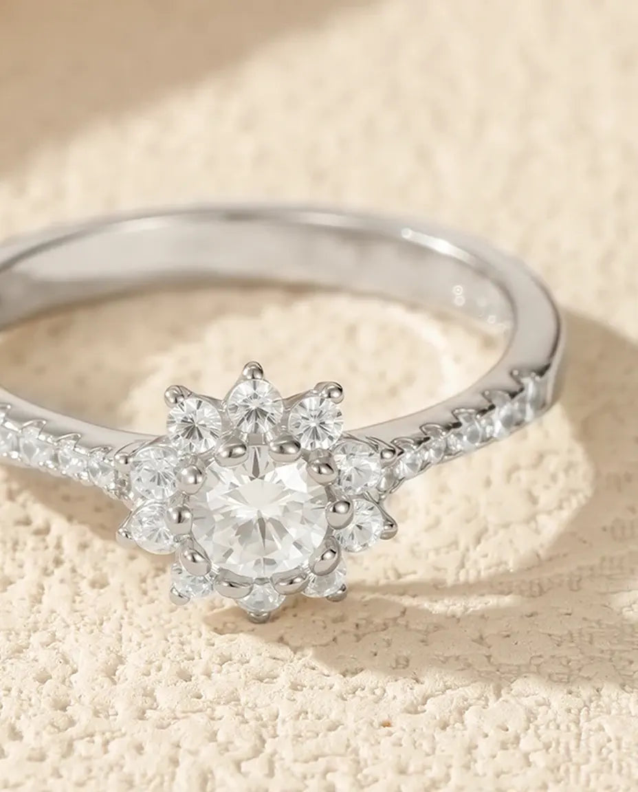 Bague Moissanite – Halo Fleur 0,3 ct Ronde Couleur D en Argent 925, Bague de Fiançailles Soleil, cadeau pour Elle
