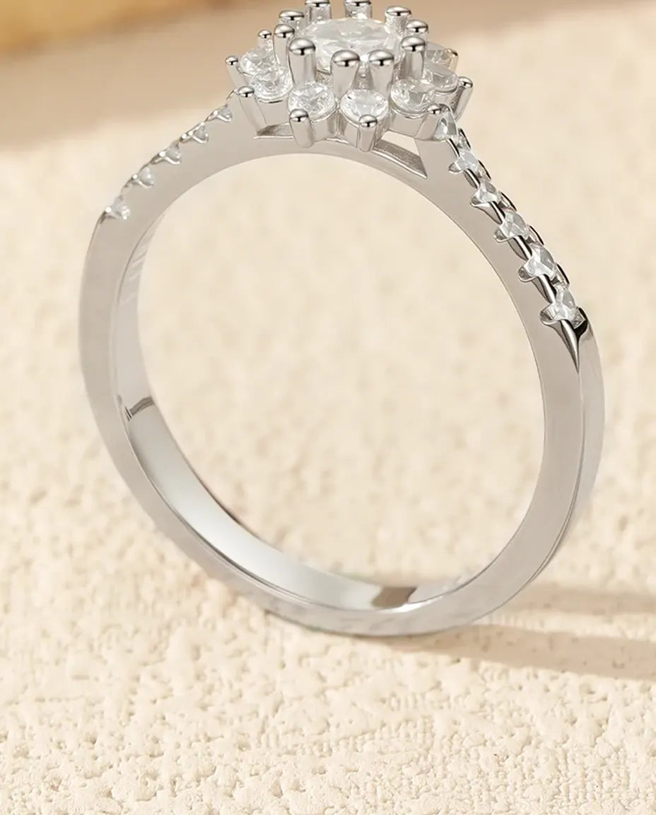 Bague Moissanite – Halo Fleur 0,3 ct Ronde Couleur D en Argent 925, Bague de Fiançailles Soleil, cadeau pour Elle