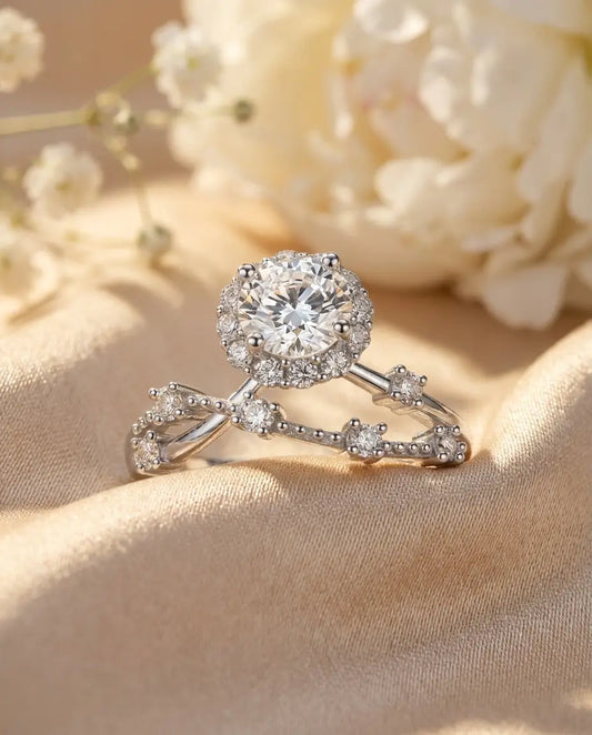 Bague Moissanite – Halo Rond 0,8 ct, Argent 925, Anneau Torsadé Vintage, Bague de Fiançailles, Cadeau pour Elle