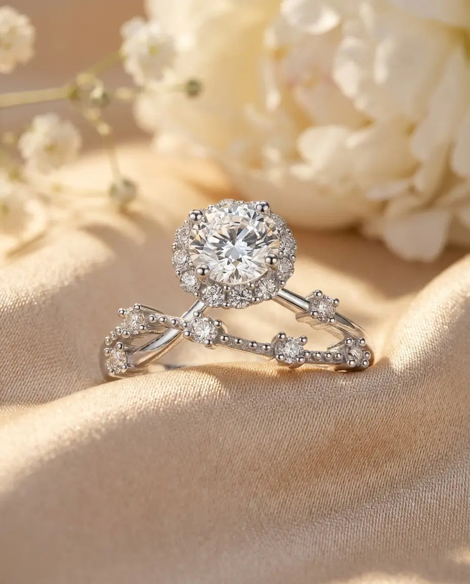 Bague Moissanite – Halo Rond 0,8 ct, Argent 925, Anneau Torsadé Vintage, Bague de Fiançailles, Cadeau pour Elle