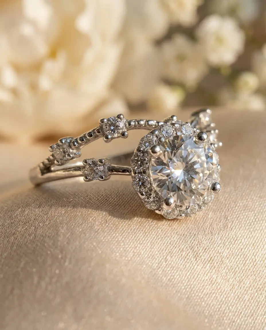Bague Moissanite – Halo Rond 0,8 ct, Argent 925, Anneau Torsadé Vintage, Bague de Fiançailles, Cadeau pour Elle