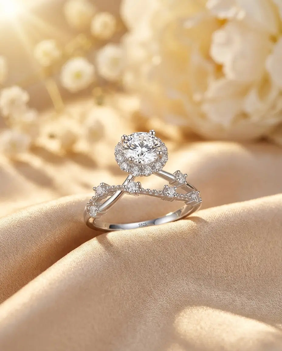 Bague Moissanite – Halo Rond 0,8 ct, Argent 925, Anneau Torsadé Vintage, Bague de Fiançailles, Cadeau pour Elle