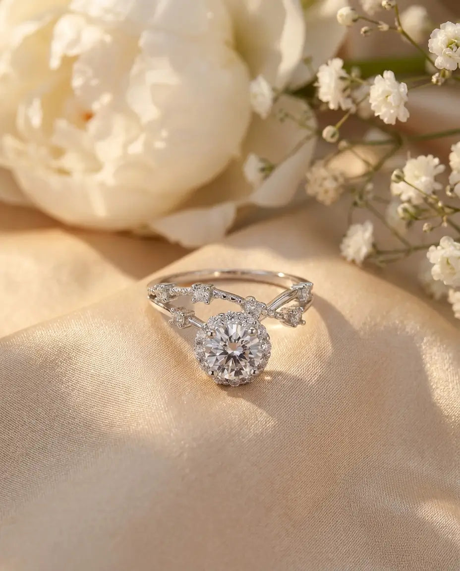 Bague Moissanite – Halo Rond 0,8 ct, Argent 925, Anneau Torsadé Vintage, Bague de Fiançailles, Cadeau pour Elle