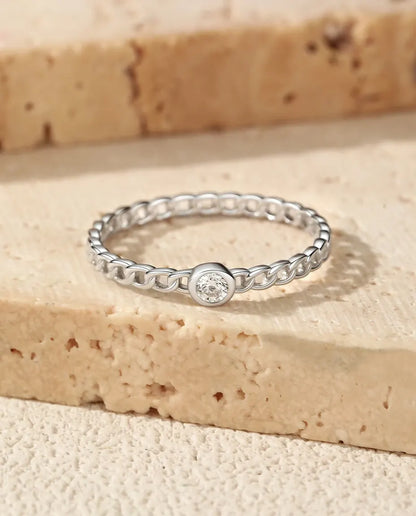 Bague Moissanite – Anneau Maille Gourmette avec Solitaire Rond Serti Clos, Argent 925, Bague Fine Empilable, Cadeau pour Elle