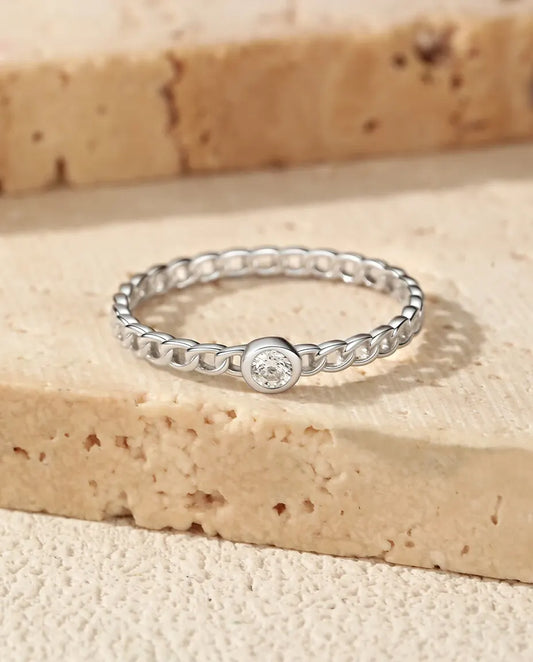 Bague Moissanite – Anneau Maille Gourmette avec Solitaire Rond Serti Clos, Argent 925, Bague Fine Empilable, Cadeau pour Elle