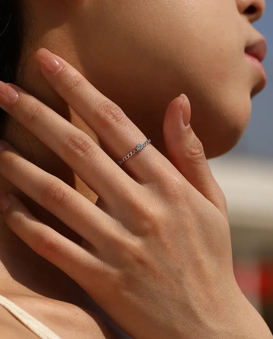 Bague Moissanite – Anneau Maille Gourmette avec Solitaire Rond Serti Clos, Argent 925, Bague Fine Empilable, Cadeau pour Elle
