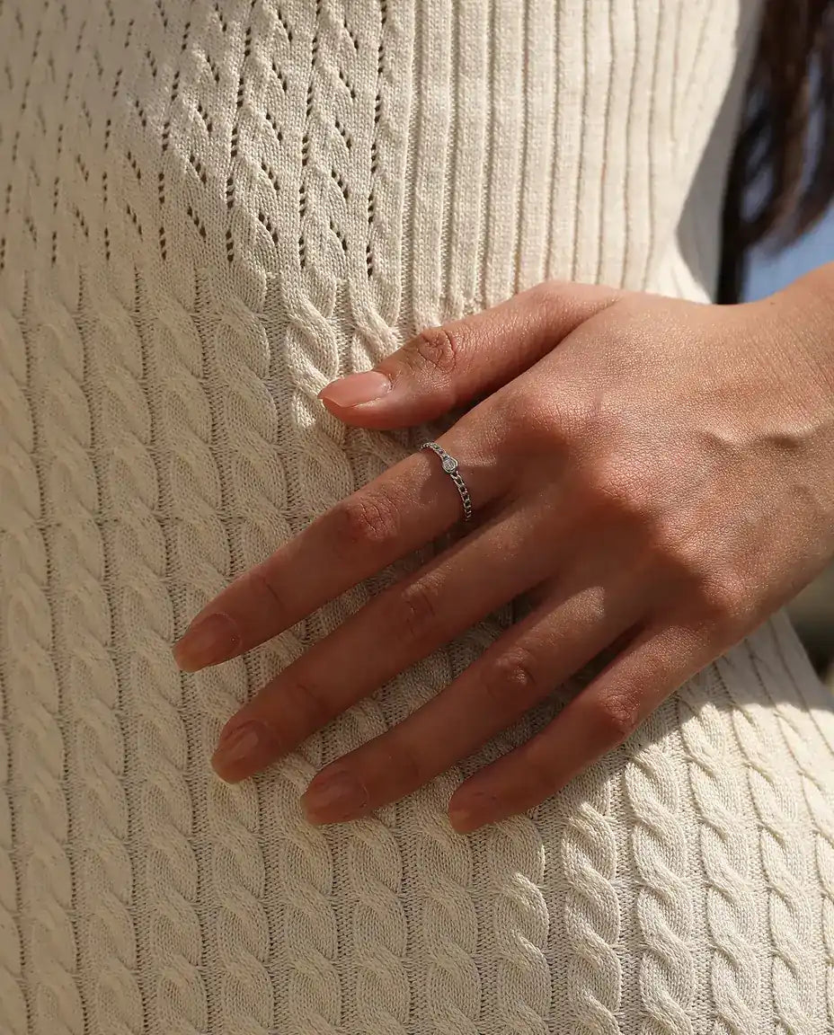 Bague Moissanite – Anneau Maille Gourmette avec Solitaire Rond Serti Clos, Argent 925, Bague Fine Empilable, Cadeau pour Elle