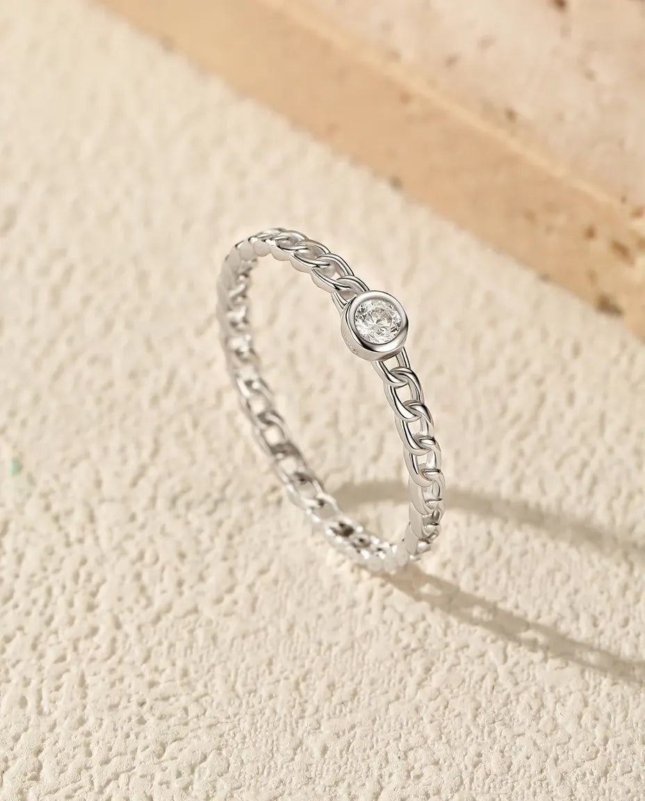 Bague Moissanite – Anneau Maille Gourmette avec Solitaire Rond Serti Clos, Argent 925, Bague Fine Empilable, Cadeau pour Elle