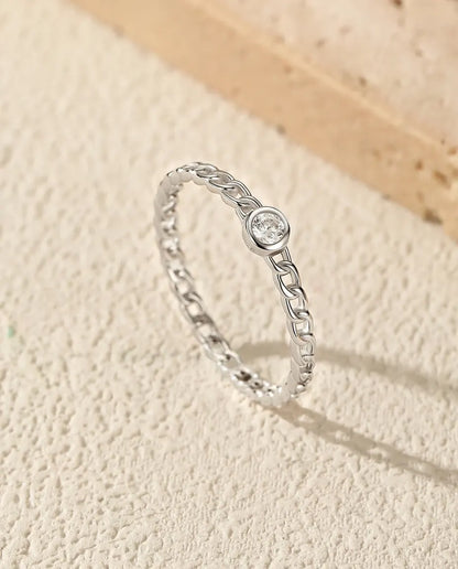 Bague Moissanite – Anneau Maille Gourmette avec Solitaire Rond Serti Clos, Argent 925, Bague Fine Empilable, Cadeau pour Elle