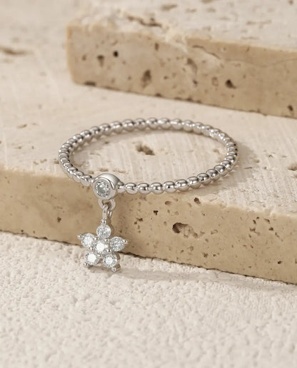 Bague Moissanite – Marguerite avec Pampille Couleur D, Anneau Perlé, Argent 925, Cadeau pour Elle
