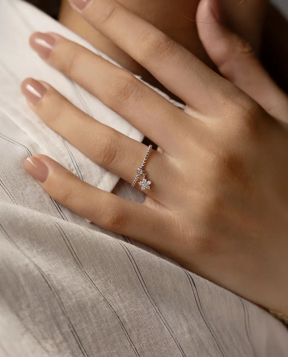 Bague Moissanite – Marguerite avec Pampille Couleur D, Anneau Perlé, Argent 925, Cadeau pour Elle