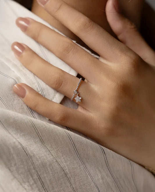 Bague Moissanite – Marguerite avec Pampille Couleur D, Anneau Perlé, Argent 925, Cadeau pour Elle