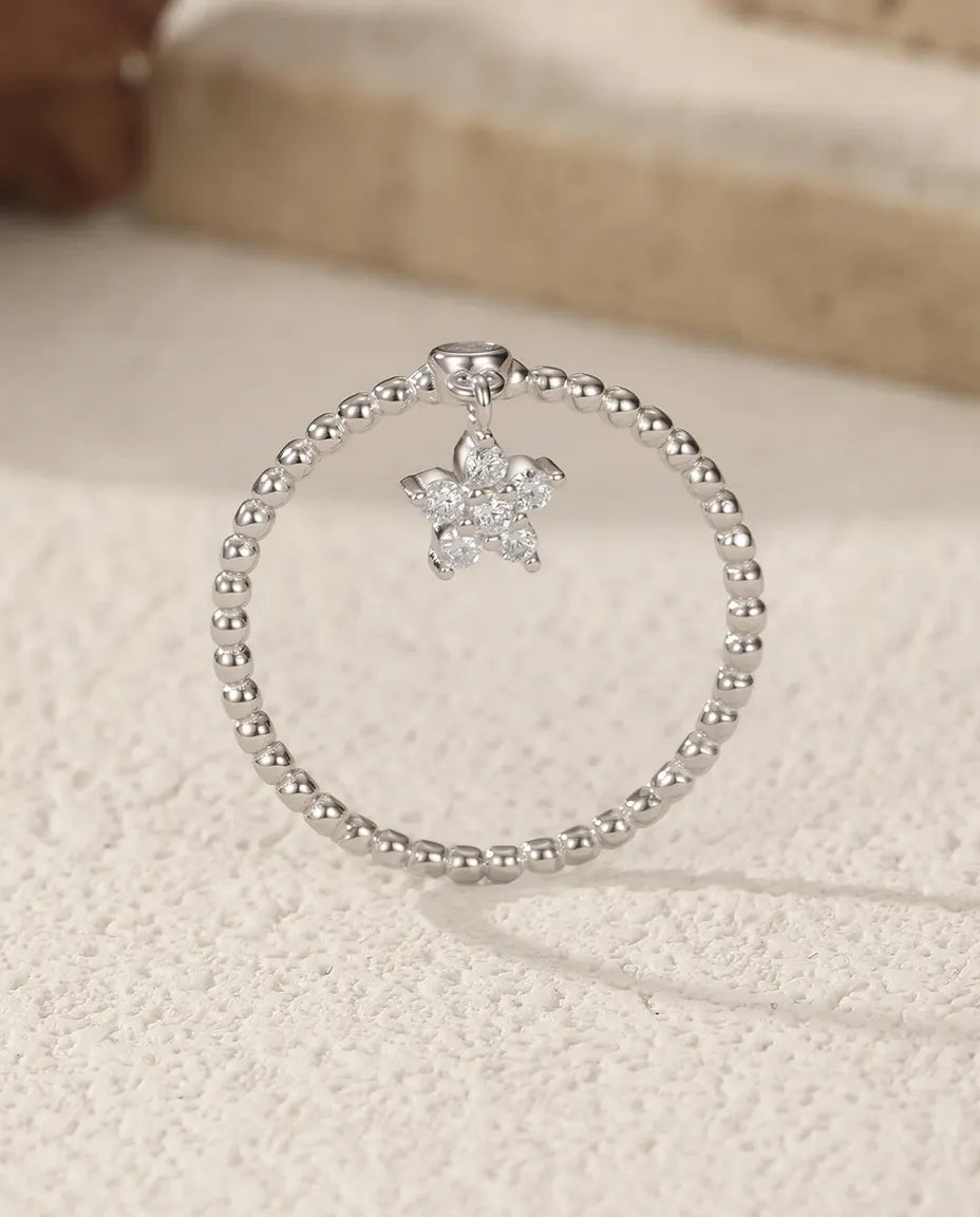 Bague Moissanite – Marguerite avec Pampille Couleur D, Anneau Perlé, Argent 925, Cadeau pour Elle