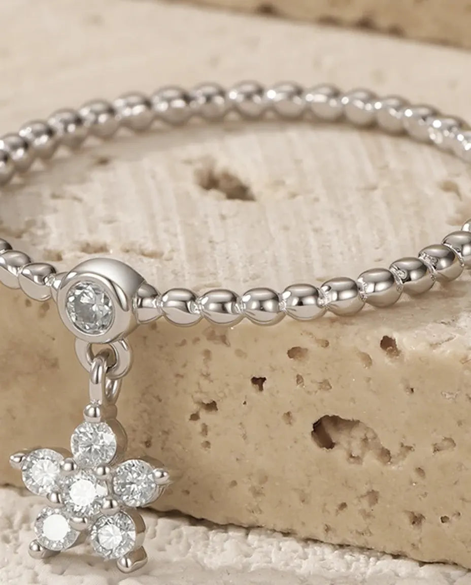 Bague Moissanite – Marguerite avec Pampille Couleur D, Anneau Perlé, Argent 925, Cadeau pour Elle