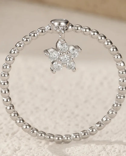 Bague Moissanite – Marguerite avec Pampille Couleur D, Anneau Perlé, Argent 925, Cadeau pour Elle