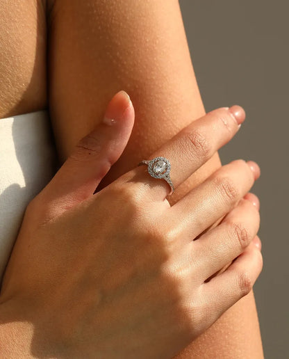 Bague Moissanite – Ovale 0,5 ct Double Halo et Anneau Pavé, Argent Sterling 925, Bague de Fiançailles pour Elle