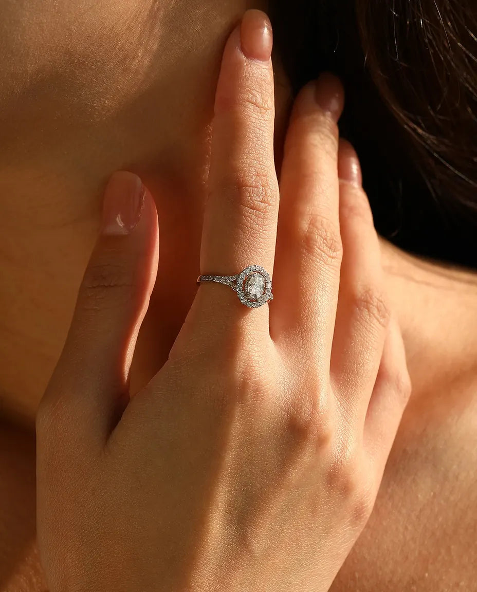 Bague Moissanite – Ovale 0,5 ct Double Halo et Anneau Pavé, Argent Sterling 925, Bague de Fiançailles pour Elle