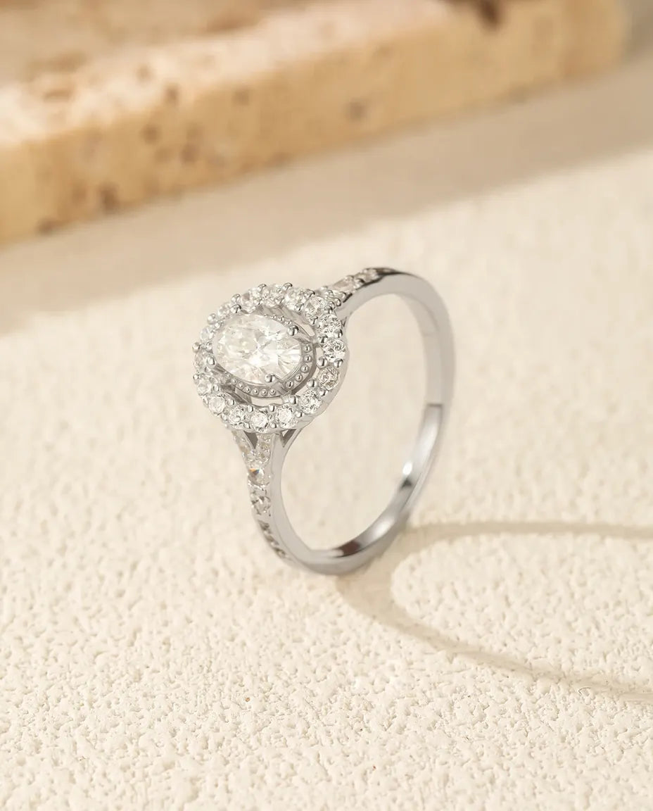Bague Moissanite – Ovale 0,5 ct Double Halo et Anneau Pavé, Argent Sterling 925, Bague de Fiançailles pour Elle