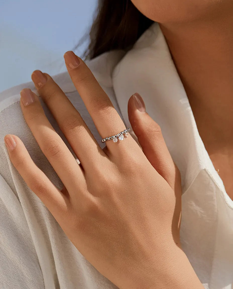 Bague Moissanite – Trois Pierres Pendantes Couleur D, Anneau Perlé Ajustable en Argent Sterling 925, Cadeau pour Elle